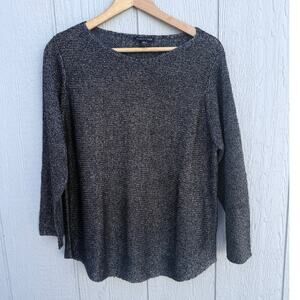 EILEEN FISHER charcoal gray speckle knit metallic silver linen pullover sweater